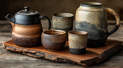 Hyper-realistic animation of rustic stoneware tea set in warm earthy tones on wooden board