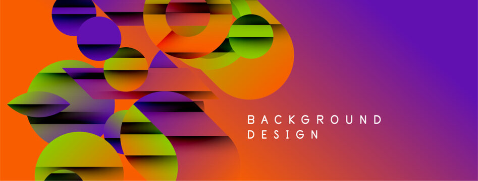 Abstract geometric shapes blend vibrant colors. Orange, purple, green create dynamic background design. Modern aesthetic, layered forms.