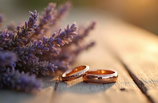 Gold wedding bands rest on rustic wooden surface next to lavender flowers. Symbolize love commitment and marriage promise. Perfect for invitations or decor.