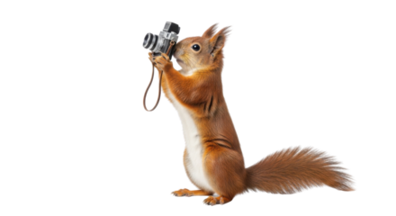 Squirrel taking a picture with vintage camera isolated PNG with Transparent Background
