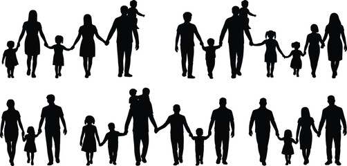 Family silhouettes, parents with children, walking together, holding hands, carrying kids, diverse family groups, black silhouettes, white background, family unity, parenting,