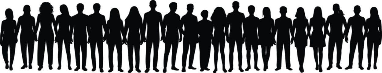 Silhouette crowd of diverse people standing together, group unity concept, teamwork illustration, community diversity, human figures line, demographic representation, social gathering, 