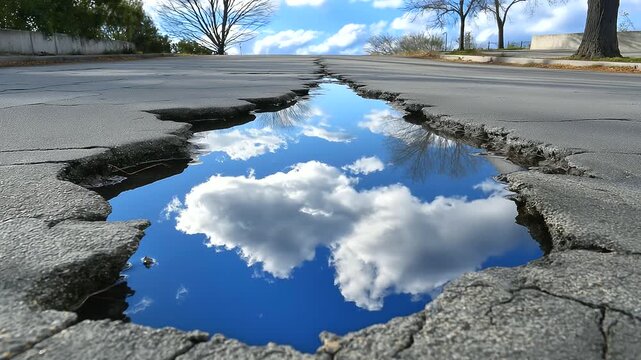 Reflection of clouds in puddle framed by cracked concrete, tension between nature and urban decay, conceptual photography.