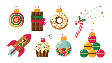 Festive Ornaments Galore: A collection of delightful ornaments, each a unique expression of the celebratory spirit. From a colorful candy to a whimsical rocket.