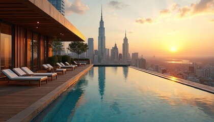 Obraz premium Infinity pool on skyscraper rooftop deck overlooks city skyline at sunset. Lounge chairs sit on wooden floor. Modern urban luxury living, resort vacation relaxation. Cabanas offer shade.