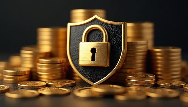 Gold shield with padlock stands over scattered, stacked gold coins. Image shows financial security, money protection, safe investment strategies. Digital currency safety, asset management