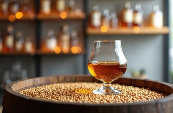 Glass of amber spirit rests on wooden cask filled with barley grains. Background shows shelves with bottles and soft light. A drink made from malt.