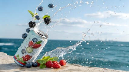 Fruit splash from beverage can near ocean with summer background