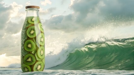 Kiwi fruit bottle floating in ocean with dramatic wave background