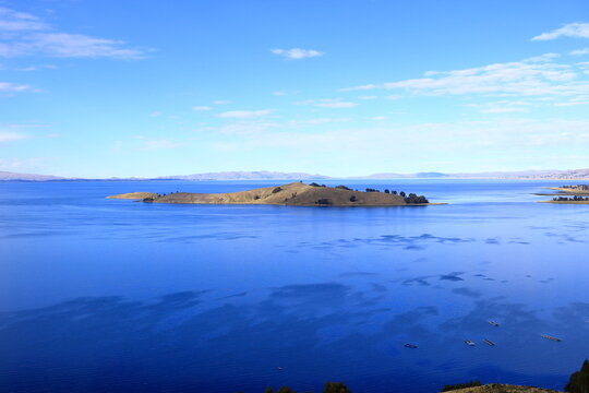 A peaceful view of Lake Titicaca from a hill near Calata, San Pablo de Tiquina, Bolivia