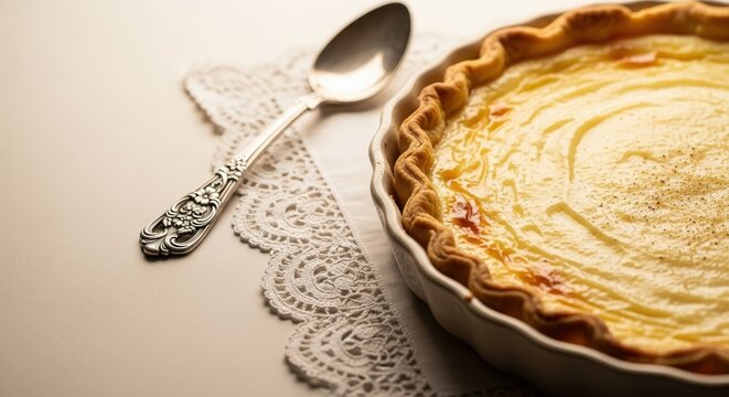 Creamy Belgian Tarte au Riz (Rice Tart) in a Ceramic Dish with Lace Doily and Copy Space