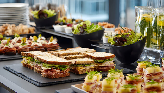 Corporate Lunch Catering : A professional, modern office lunch spread with sandwiches, salads, and finger foods