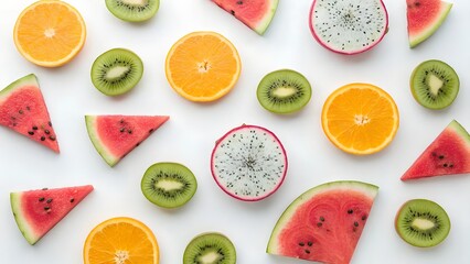 Tropical fruit slice arrangement on white background composition