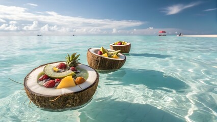 Floating coconut fruit bowls in tropical ocean background concept