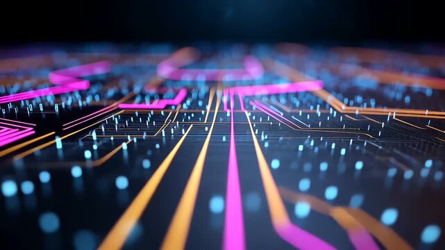 Abstract circuit board design with glowing pink and orange lines and blue diodes against a dark background