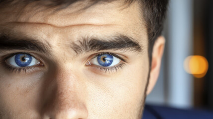 Close up portrait of young man with striking blue eyes and dark hair, showcasing detailed facial features and intense gaze