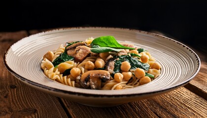 Bowl Of Vegetarian Pasta Featuring Mushrooms Chickpeas Spinach And Aromatic Herbs On Rustic Wood