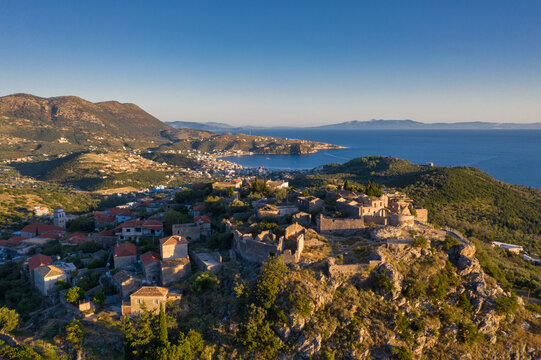 Aerial view of the hilltop old town of Himare in Albania
