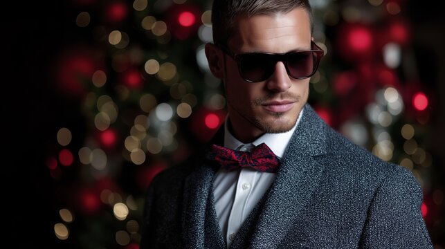 Stylish man in sunglasses and bow tie posing in front of a festive, blurred Christmas tree.
