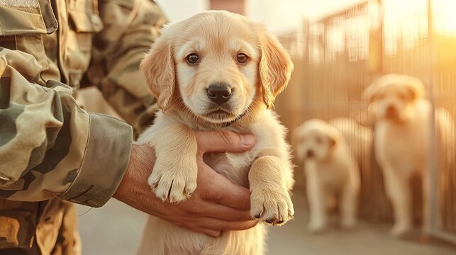 A soldier in camouflage holds a golden retriever puppy, with two more puppies in the background, capturing a heartwarming moment.