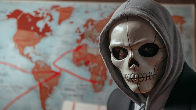 Sinister figure in a hooded cloak and a skull mask poses before a world map, embodying the anonymity of digital threats and the global reach of cybercrime.