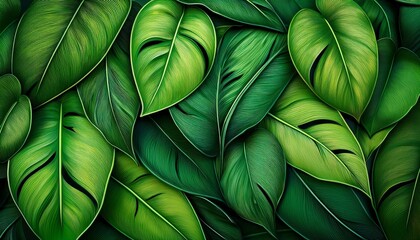 Tropical Green Leaves Spring Nature Hand Drawn Background
