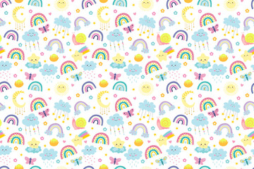 Obraz premium Summer cute seamless pattern. Childrens cartoon ornament. Clouds, sun, butterflies, snail and stars. For textiles, packaging, wallpapers, backgrounds or websites. Flat vector design. Environment.