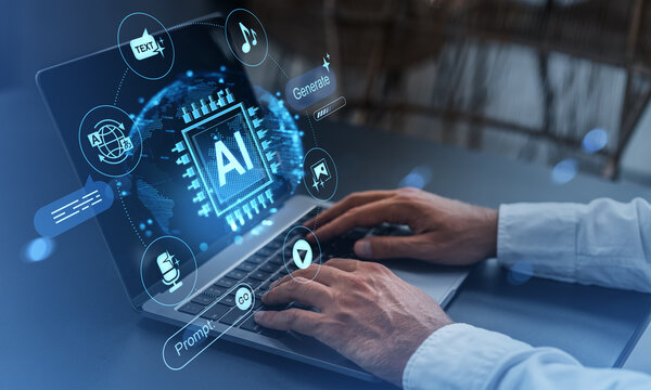 Hands typing on laptop with AI interface icons symbolizing prompt generation, translation, music, and text on futuristic tech background. - Powered by Adobe