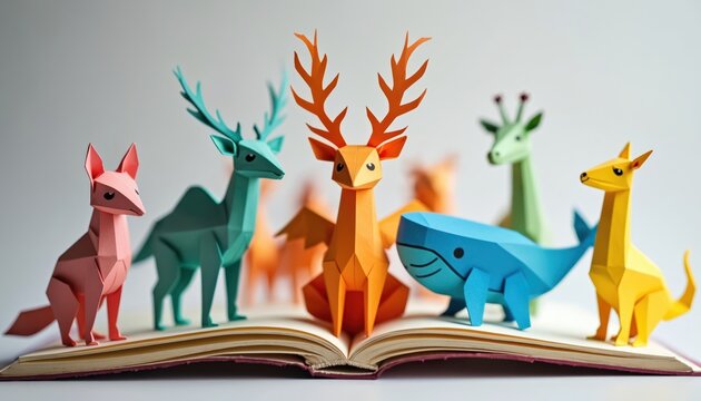 Illustration of an open pop-up book with colorful origami animals. Paper art creatures include fox deer giraffe and whale. Creative animal figures stand on the book pages.