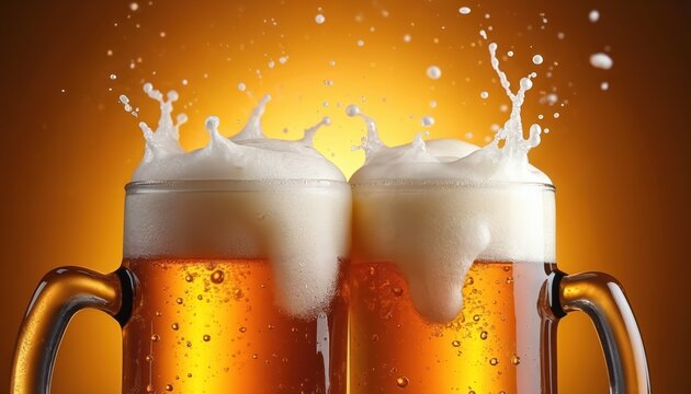 Two beer mugs clink in toast with foam splash. Liquid golden beer in glass with bubbles and white foam. Oktoberfest drinks. Brewery alcoholic beverage.