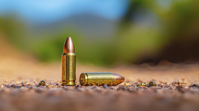 Macro shot of bullet casings lying on sandy surface, showcasing intricate details and textures