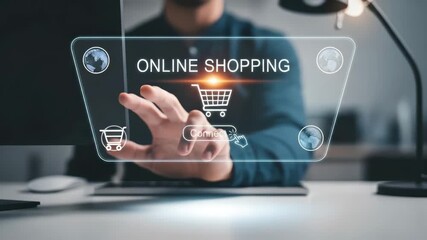 Digital Commerce: Man Touching a Virtual Shopping Cart Icon on an Interactive Screen for Online Shopping. - Powered by Adobe
