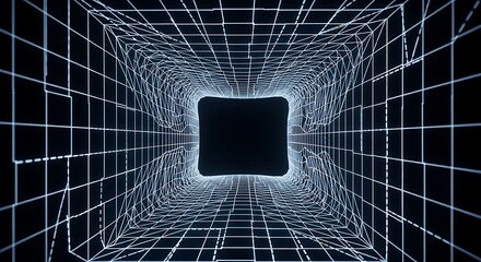 Abstract digital tunnel with glowing grid and dark center.