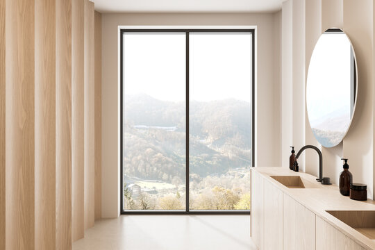 Minimalist bathroom interior design with large window and mountain view, featuring wooden textures and modern fixtures in natural tones. 3D Rendering