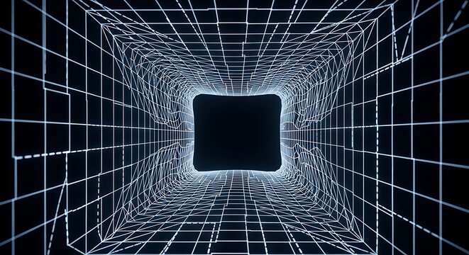Abstract digital tunnel with glowing grid and dark center.