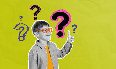 Curious kid pointing up with question marks around, representing