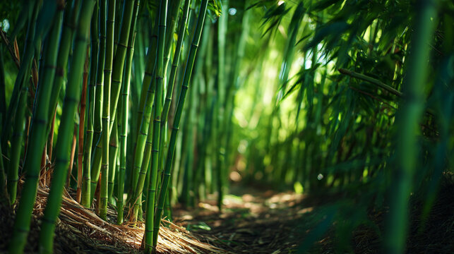 A path through a dense bamboo forest with sunlight streaming through the trees