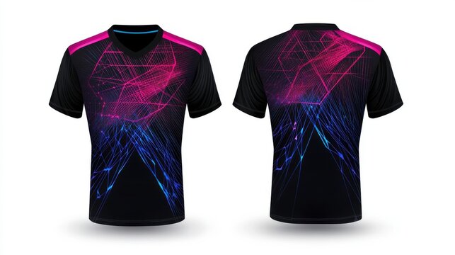 jersey featuring a futuristic web of interconnected neon lines, deep black base with sharp, angular abstract patterns, front and back view