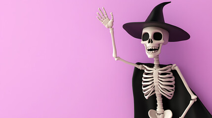 Skeleton wearing a black witch hat and cape, waving cheerfully on a purple background. A spooky, festive Halloween season illustration, perfect for themed events.