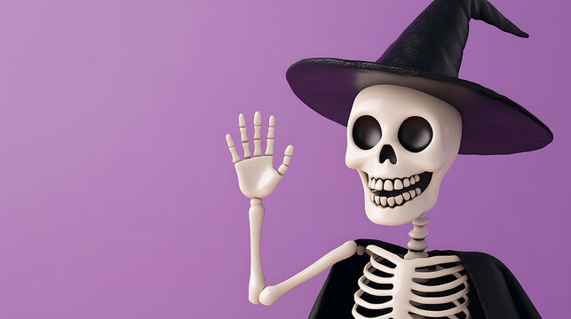 Friendly skeleton in a witch hat waves hello against a purple background. Its a fun spooky season,  perfect for Halloween greetings and festive designs with playful charm