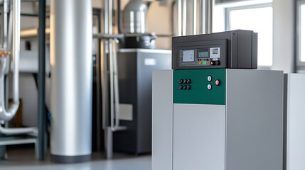 Close-up of advanced industrial equipment featuring a control panel, pipes, and stainless steel tanks in a mechanical room, highlighting functionality and efficiency.