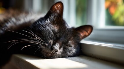 Black cat peacefully sleeping on a sunlit windowsill, showcasing serene beauty, fluffy fur, and relaxed expression in a cozy indoor setting