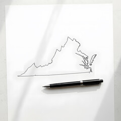 Minimalist line drawing of the state of Virginia on white paper with a black pen lying below it, casting a subtle shadow.