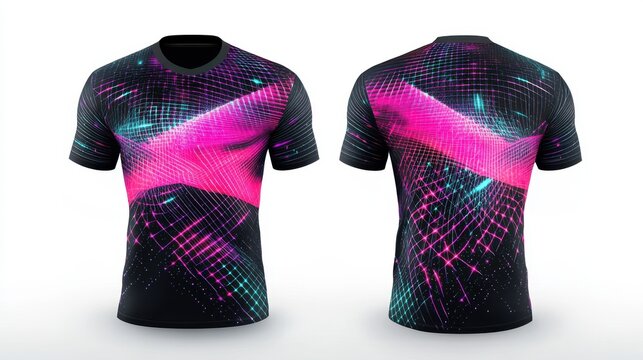 sports jersey featuring a futuristic web of interconnected neon lines, isolated on a white background