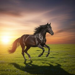 Obraz premium Majestic black horse running across a green field at beautiful sunset.