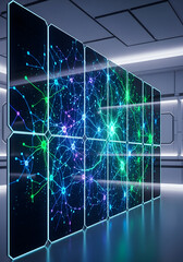 A futuristic display wall showcasing interconnected glowing data visualizations within a modern, sterile environment.
