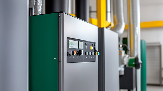 View of a control panel with buttons and displays, alongside industrial pipes in the background. The setup looks like part of a larger industrial or manufacturing facility.