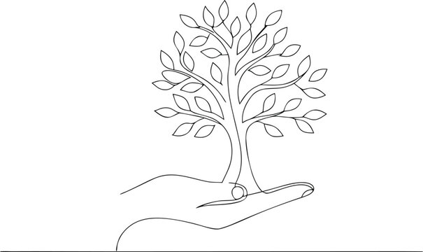 Single line drawing of a hand holding a tree line art