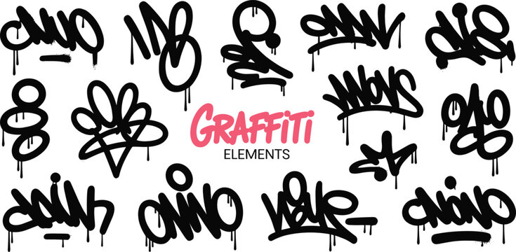 Graffiti Tag Elements Collection &ndash; Urban Black Ink Street Art Symbols with Drips and Abstract Shapes