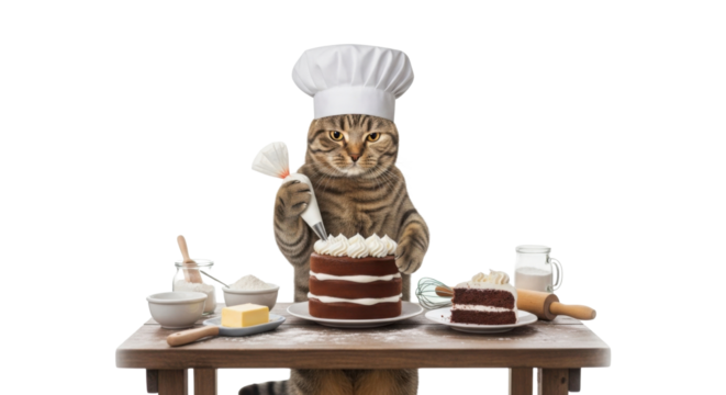 Cat in chef hat icing a cake isolated PNG with Transparent Background - Powered by Adobe